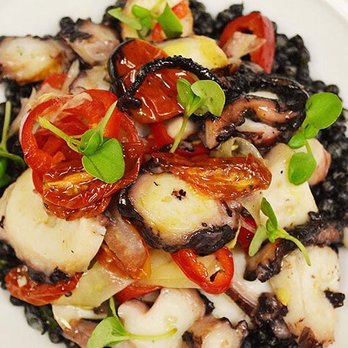 Sorellina - Polpo: Grilled octopus, squid ink cous cous, cherry peppers, finocchio. (Not my photo) - Italian Near Me - Boston, Massachusetts Sorellina - Polpo: Grilled octopus, squid ink cous cous, cherry peppers, finocchio. (Not my photo) - Italian Near Me - Boston, Massachusetts