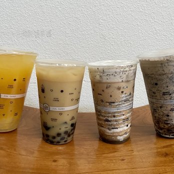 Societea Teahouse & Eatery - L to R: Mango/Passion Fruit Green Tea with Lychee Jelly, Jasmine Milk Tea with Oat Milk, Boba, & Grass Jelly, Dirty Stuf, & Double Stuf - Bubble Tea Near Me - San Bruno, California Societea Teahouse & Eatery - L to R: Mango/Passion Fruit Green Tea with Lychee Jelly, Jasmine Milk Tea with Oat Milk, Boba, & Grass Jelly, Dirty Stuf, & Double Stuf - Bubble Tea Near Me - San Bruno, California