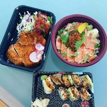 Berkeley Bowl West - Pork Tonkatsu side ($8), Salmon Ikura Don ($14), Dragon Roll ($11) (clockwise from top L) - Cafes Near Me - Berkeley, California