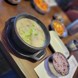 Yi's Traditional Korean Beef Soup - Sullung Tang (설렁탕) with rice and the sides of kimchi and spicy radish