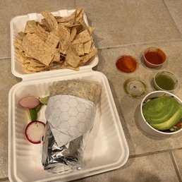 Ceviche and chips. Carnitas Burrito.