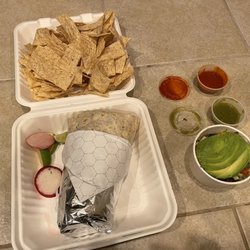 SOPA - Ceviche and chips. Carnitas Burrito.