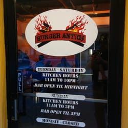 Burger Antics - Door and hours.