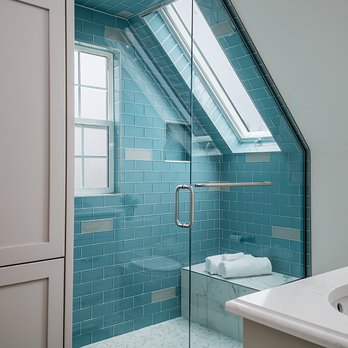 Davis Glass - Beautiful frameless glass shower door with glass tile and skylight. - Glass & Mirrors Near Me - Albany, Oregon
