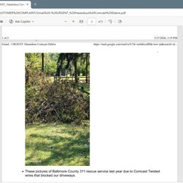 Tree debris left behind for xfinity to take care of last year. It is very hard for anyone to contact them, Especially, an non-customer Tree debris left behind for xfinity to take care of last year. It is very hard for anyone to contact them, Especially, an non-customer
