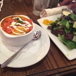 Hearty chili with tomatoes and cheddar cheese! House side salad ;)