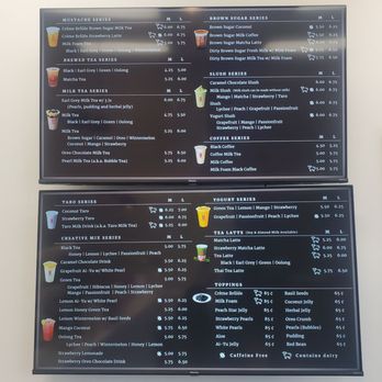 Gong Cha - Menu - Digital menu board at Gong Cha in Union, NJ, listing beverages including milk teas, brown sugar series, slush, coffee, yogurt, and toppings with prices. - Bubble Tea Near Me - Union, New Jersey