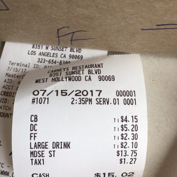 Carney's Restaurant - receipt - Burgers Near Me - Los Angeles, California