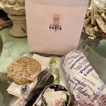 Padua Pasta Makers - Unboxing the bag- sea salt chocolate chip cookie, complimentary truffle, pickle, red skin potato salad, sandwich - Pasta Shops Near Me - Upland, California