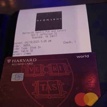 Bernard's - The Bill and my credit card used to pay it. - New American Near Me - Roanoke, Virginia