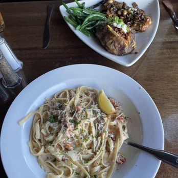 The Cliff House - Smoked salmon fettuccine and chicken marsala with green beans and loaded baked potato - Seafood Near Me - Tacoma, Washington The Cliff House - Smoked salmon fettuccine and chicken marsala with green beans and loaded baked potato - Seafood Near Me - Tacoma, Washington