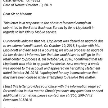 Xfinity Store by Comcast - Got this letter after my complaint to Better Business Bureau.. I GOT WHAT I WAS PROMISED FROM XFINITY MOBILE!! - Internet Service Providers Near Me - Eugene, Oregon
