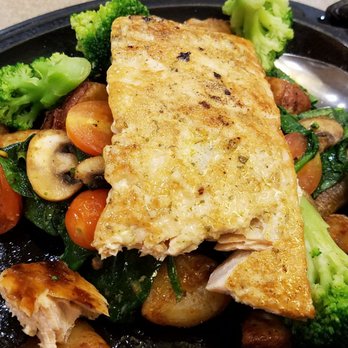 Denny's - My healthy delicious salmon skillet, juicy and flavorful, all the veggies were sizzling with flavors also! I ate before taking a pix. - American Near Me - Clovis, California