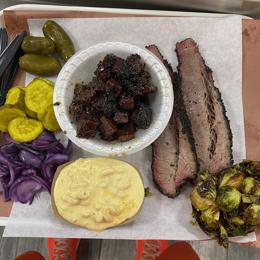Wagyu Burnt Ends and Wagyu Brisket with creamed corn and Brussels sprouts Wagyu Burnt Ends and Wagyu Brisket with creamed corn and Brussels sprouts