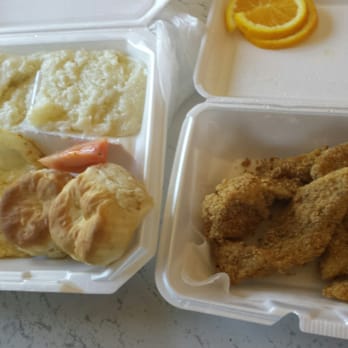 Flavor Table - Catfish, eggs, and grits to go! My god mother was happy with her to go plate! - Cajun/Creole Near Me - Los Angeles, California