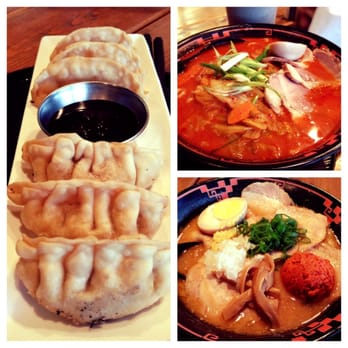Tiger Ramen - L-R - Gyoza, spicy veggie tiger style ramen, barbecue pork miso ramen with an egg and spicy paste. - Noodles Near Me - Kamloops, British Columbia Tiger Ramen - L-R - Gyoza, spicy veggie tiger style ramen, barbecue pork miso ramen with an egg and spicy paste. - Noodles Near Me - Kamloops, British Columbia