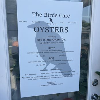The Birds Cafe - Oyster menu - Seafood Near Me - Bodega Bay, California The Birds Cafe - Oyster menu - Seafood Near Me - Bodega Bay, California