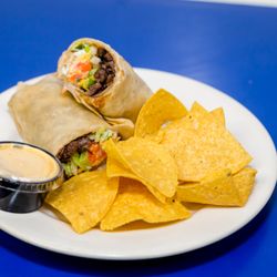 Ventura's Tamales - Fresh burrito with chips and queso.
