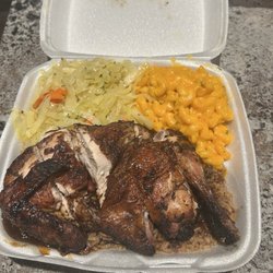 Irie Jerk Hut - Jerk Chicken  1/2 Jerk Chicken with cabbage, red beans and rice and Mac n cheese
