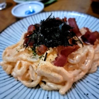 Izakaya Fuku - Creamy Mentai Bacon Udon. Oustanding - Japanese Near Me - Jackson Heights, New York Izakaya Fuku - Creamy Mentai Bacon Udon. Oustanding - Japanese Near Me - Jackson Heights, New York