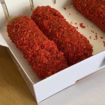 Mochinut - Corn dog with hot Cheetos and a mozzarella dog with hot Cheetos - Donuts Near Me - Indio, California Mochinut - Corn dog with hot Cheetos and a mozzarella dog with hot Cheetos - Donuts Near Me - Indio, California