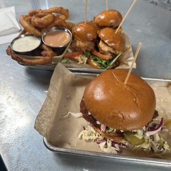 Burger Bench - Inferno Chicken Sandwich, 3 sliders and onion rings! So good :) - American Near Me - Escondido, California