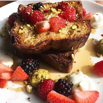 Boutros - The Challah French Toast with Ricotta, Pistachio Butter, Fresh Fruit, and Orange Blossom Maple Syrup. (IG Credit: @gjsomi) - New American Near Me - Brooklyn, New York