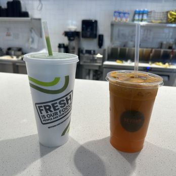 Beyond Juicery + Eatery - 20oz. - Carlo's Detox on the left and create your own on the right. - Juice Bars & Smoothies Near Me - Grosse Pointe Woods, Michigan