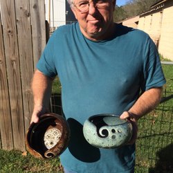Bear Hollow Pottery - Mickey holding well designed yarn bowls