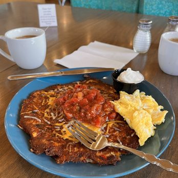 The Blythe Cricket - GF Cornmeal "pancake" with black beans, roasted poblano pepper & charred corn. Side egg. - Breakfast & Brunch Near Me - Joseph, Oregon