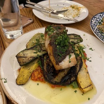 La Cuchara - Grilled rockfish with eggplant and zucchini. Rockfish was just a tad over cooked. Veggies were nice but nothing remarkable - Basque Near Me - Baltimore, Maryland La Cuchara - Grilled rockfish with eggplant and zucchini. Rockfish was just a tad over cooked. Veggies were nice but nothing remarkable - Basque Near Me - Baltimore, Maryland