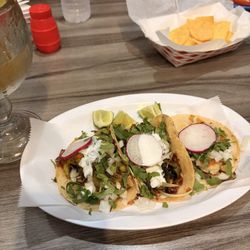 La Manganita - Shrimp taco, grilled poblano and cheese taco, squash blossom taco, spicy tamarind margarita