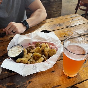 The Stash House - Fried pickles and jalapeños w/ Goat Island Blood Orange beer. - American Near Me - Cullman, Alabama