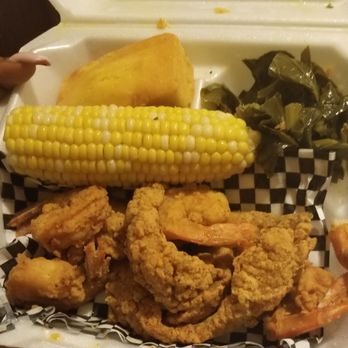Poe's Kitchen - Fish n Shrimp w/ collards and corn on cob - Soul Food Near Me - Bridgeport, Connecticut Poe's Kitchen - Fish n Shrimp w/ collards and corn on cob - Soul Food Near Me - Bridgeport, Connecticut