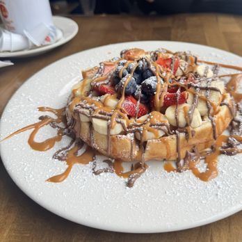 Pueblo Viejo Cafe - Waffles with everything, fresh fruit and drizzled Nutella and Dulce de leche - Cafes Near Me - Boston, Massachusetts Pueblo Viejo Cafe - Waffles with everything, fresh fruit and drizzled Nutella and Dulce de leche - Cafes Near Me - Boston, Massachusetts