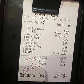 Takka Sushi - Bill and paying cash.  You save 10%. It is a no brainer. - Sushi Bars Near Me - Santee, California