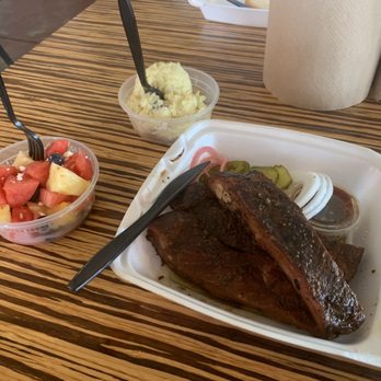 Koop's BBQ Kitchen & Catering - 1meat plate with ribs, potato salad, watermelon salad - Barbeque Near Me - Galveston, Texas