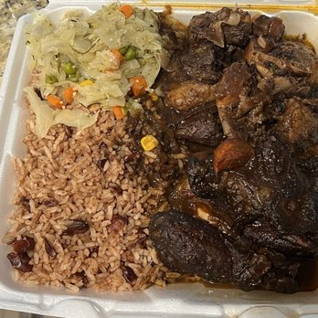 Real Real Jamaica - Oxtail Combo Plate with Brown Stew Chicken, Rice and Peas, and Steam Vegetables - Caribbean Near Me - San Antonio, Texas Real Real Jamaica - Oxtail Combo Plate with Brown Stew Chicken, Rice and Peas, and Steam Vegetables - Caribbean Near Me - San Antonio, Texas