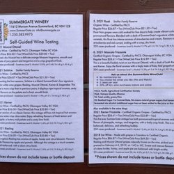 Summer Gate Winery - Tasting sheet