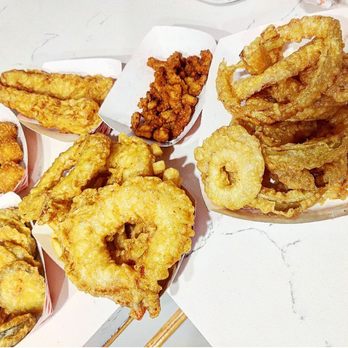 Union Jack Fish & Chips - Fried zucchini, scallops, fish, shrimp and onion rings - British Near Me - Fountain Valley, California Union Jack Fish & Chips - Fried zucchini, scallops, fish, shrimp and onion rings - British Near Me - Fountain Valley, California