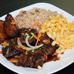 Yardies Jamaican Spot - Oxtail Dinner plate shown here with plantain, rice and peas, and mac and cheese
