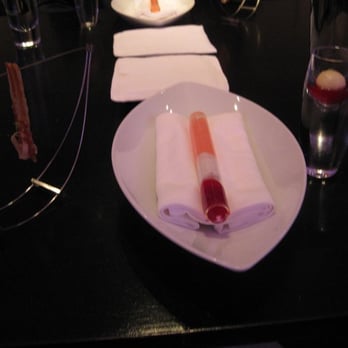Alinea - Hanging bacon, bubblegum clear cigar, and shot of big magic-shell like circle - New American Near Me - Chicago, Illinois Alinea - Hanging bacon, bubblegum clear cigar, and shot of big magic-shell like circle - New American Near Me - Chicago, Illinois