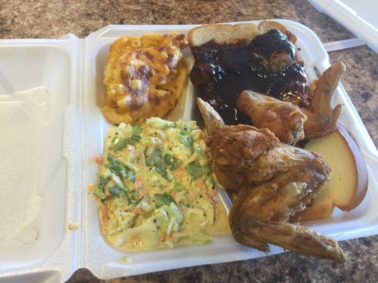 Photo of Mama Pearls BBQ - Gary, IN, US. Ribs. Chicken wings.  Slaw.  Mac and cheese.