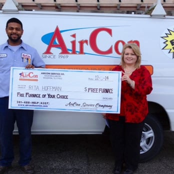 Aircon Service Company - Congratulations to Rita Hoffman, December 2014 winner of AirCon's Free Furnace Contest! (with AirCon Technician Patrick) - Heating & Air Conditioning/HVAC Near Me - Houston, Texas