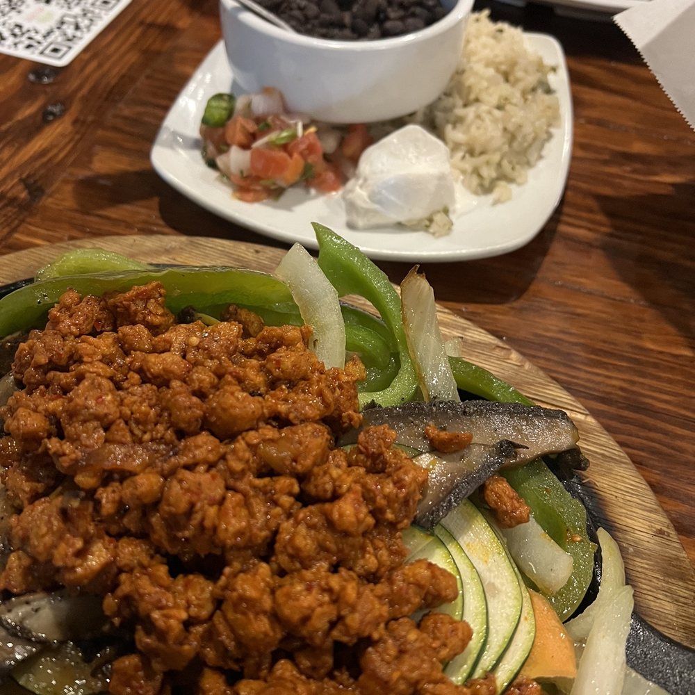 Vegan Fajitas, rice, beans, vegan sour cream Vegan Fajitas, rice, beans, vegan sour cream