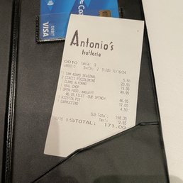 Itemized receipt for our 1 beer,  2 glasses of wine, clams Alforno (casino), the veal chop, filet mignon, ricotta pie and cappuccino.