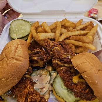 Dave's Hot Chicken - #2 (two sliders) mild with added cheese - Chicken Shop Near Me - Beaverton, Oregon Dave's Hot Chicken - #2 (two sliders) mild with added cheese - Chicken Shop Near Me - Beaverton, Oregon