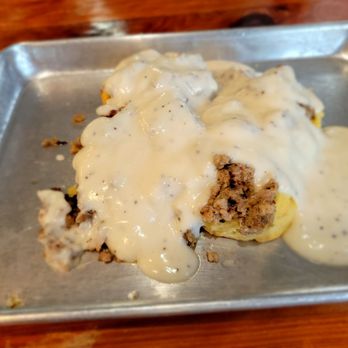 Smitty's Cafe & Bakery - Biscuits with barely warm sausage gravy. - Cafes Near Me - Brenham, Texas