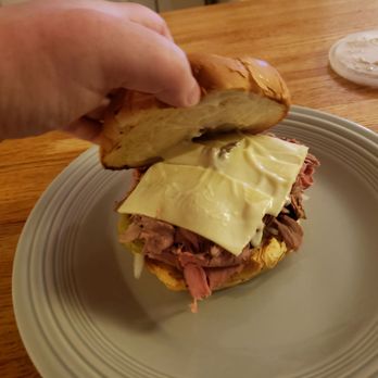 Patriots Roast Beef and Grill - Super beef with American cheese, horseradish sauce, pickles and onions.....best combination ever. - Pizza Near Me - Templeton, Massachusetts