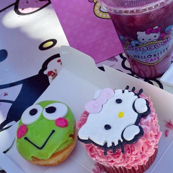 Hello Kitty Cafe - Keroppi Donut, Hello Kitty Red Velvet Cupcake and blueberry lemonade - Desserts Near Me - Las Vegas, Nevada